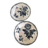 2 old flat plates decorated with dark blue roses in earthenware. Two different settings