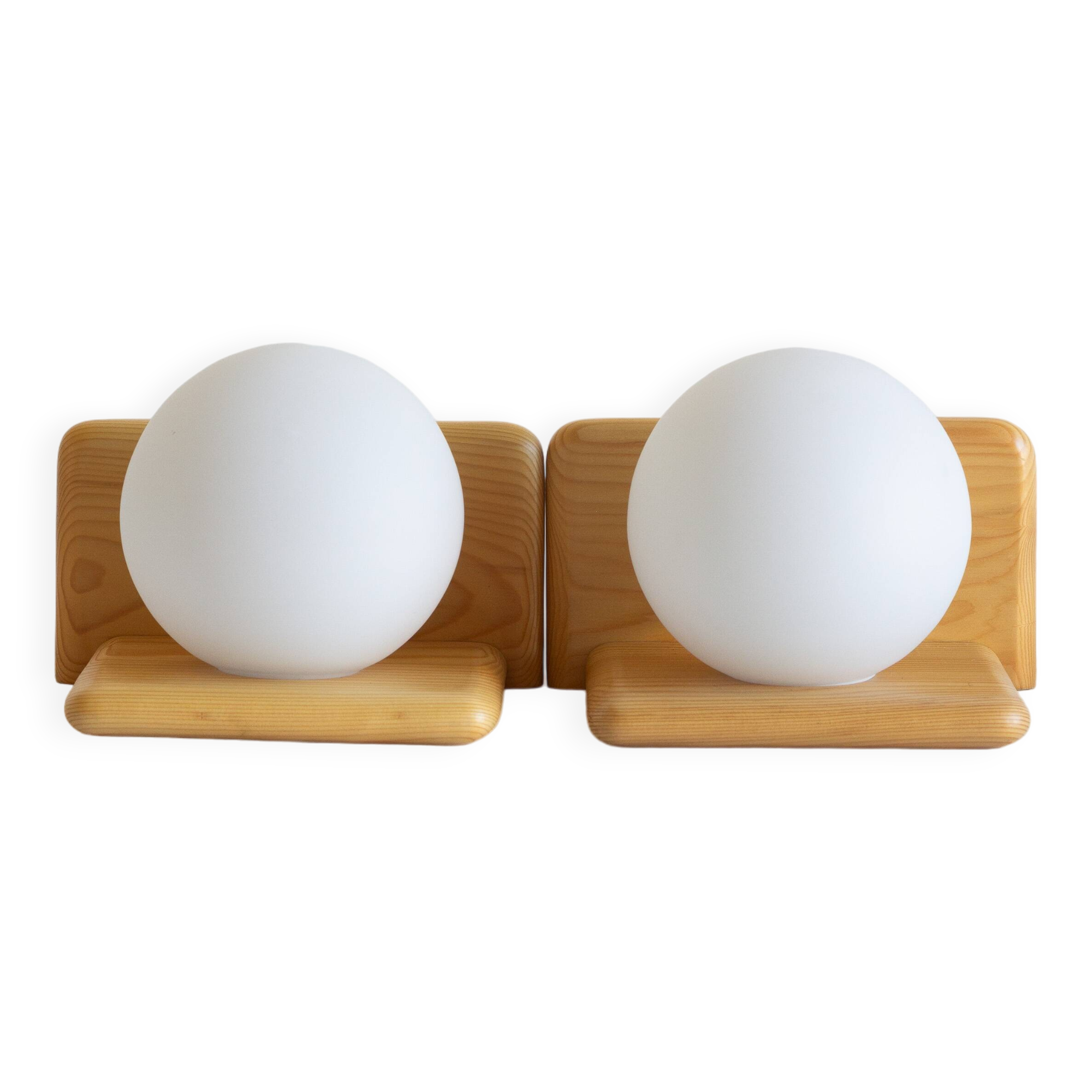 Duo of pine and opaline glass wall lights, 1980s
