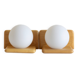 Duo of pine and opaline glass wall lights, 1980s