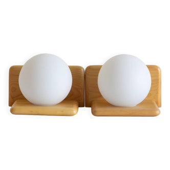 Duo of pine and opaline glass wall lights, 1980s