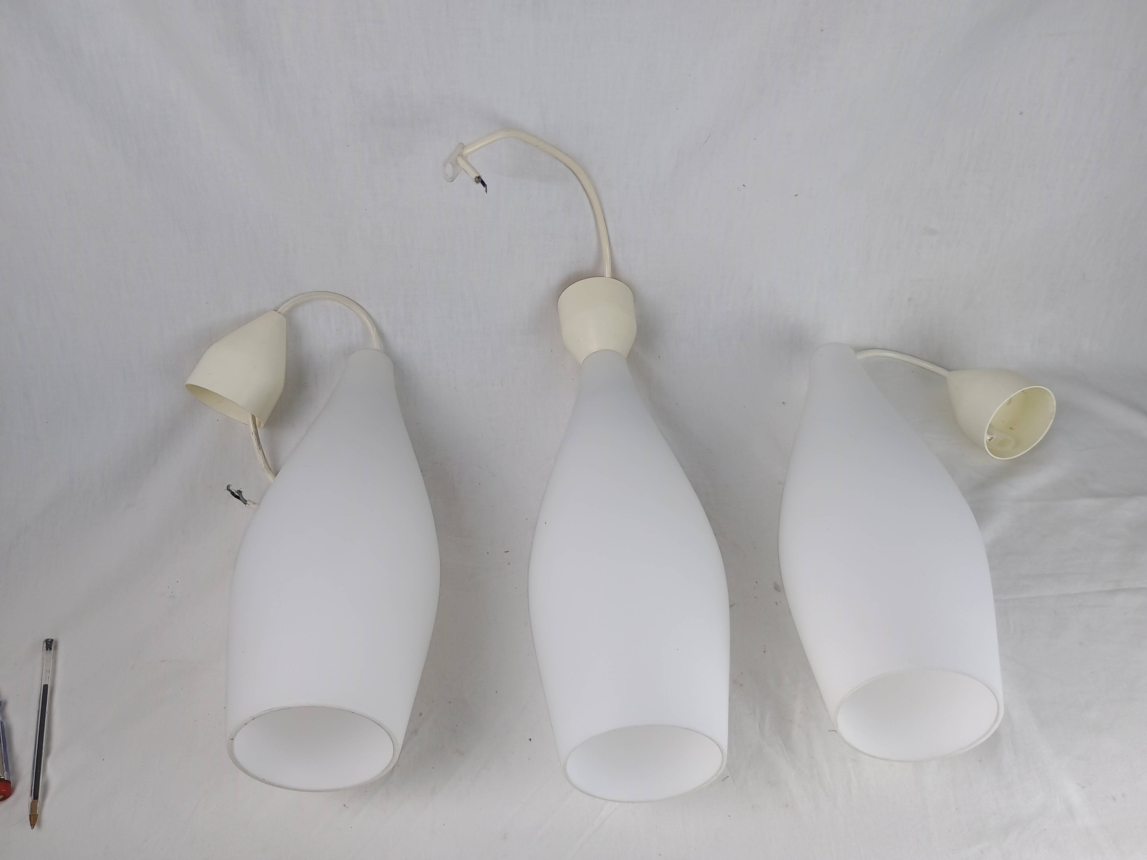 Superb set of three Holmegaard white opaline glass pendant lights