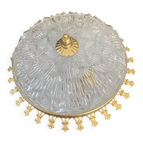 Plafonnier vintage verre taillé et métal doré