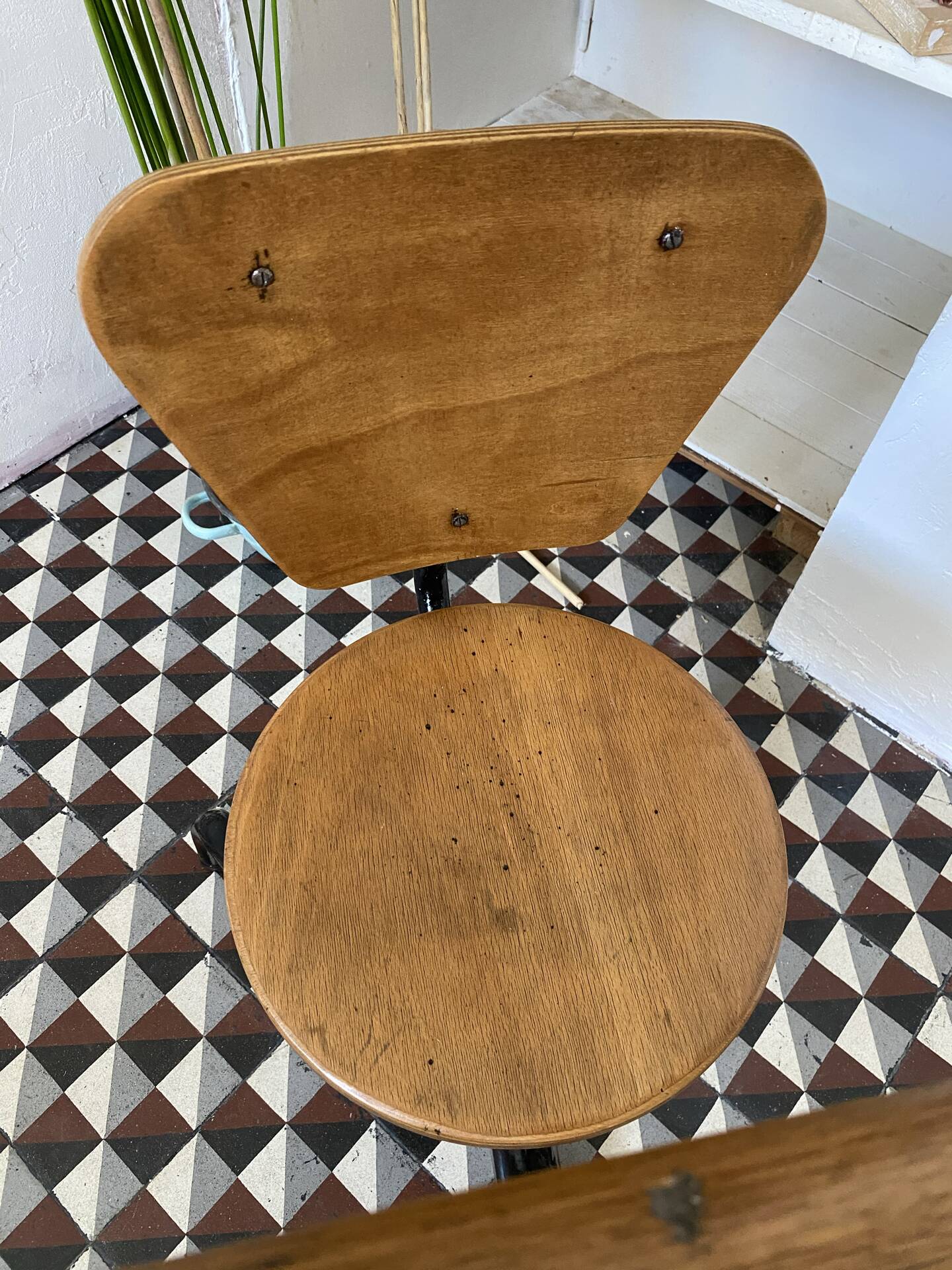 Old school desk with integrated chair – oak and metal – year