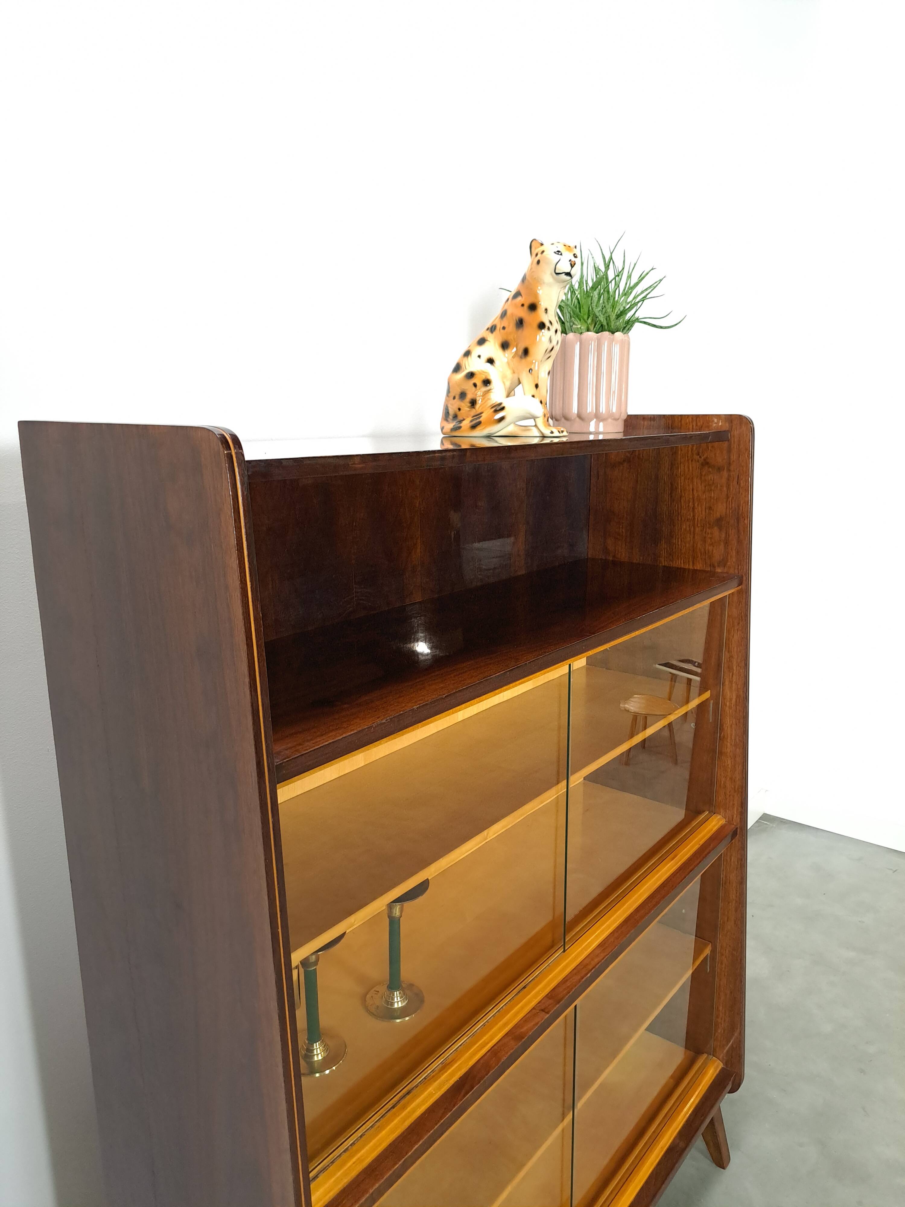Donker vintage fineer design vitrinekast Jirak, boekenkast