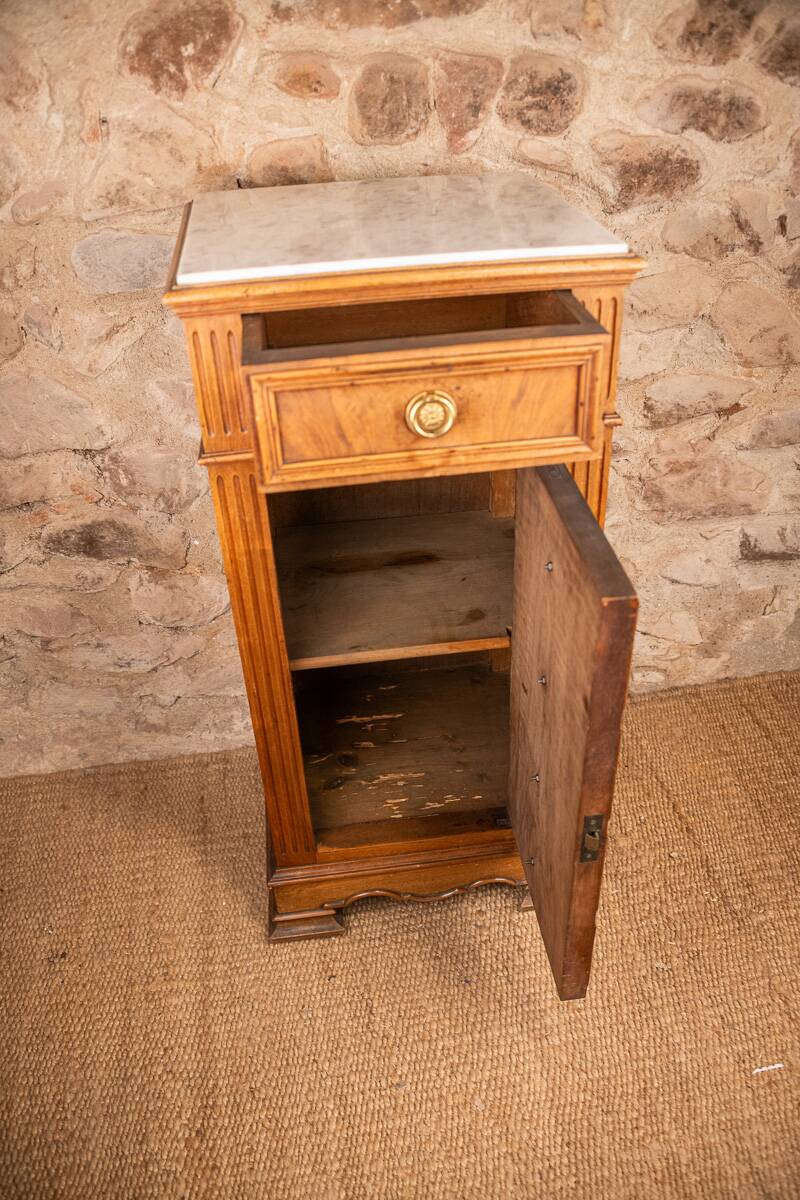 Louis XVI style bedside chest of drawers, marble top, late 19th century.