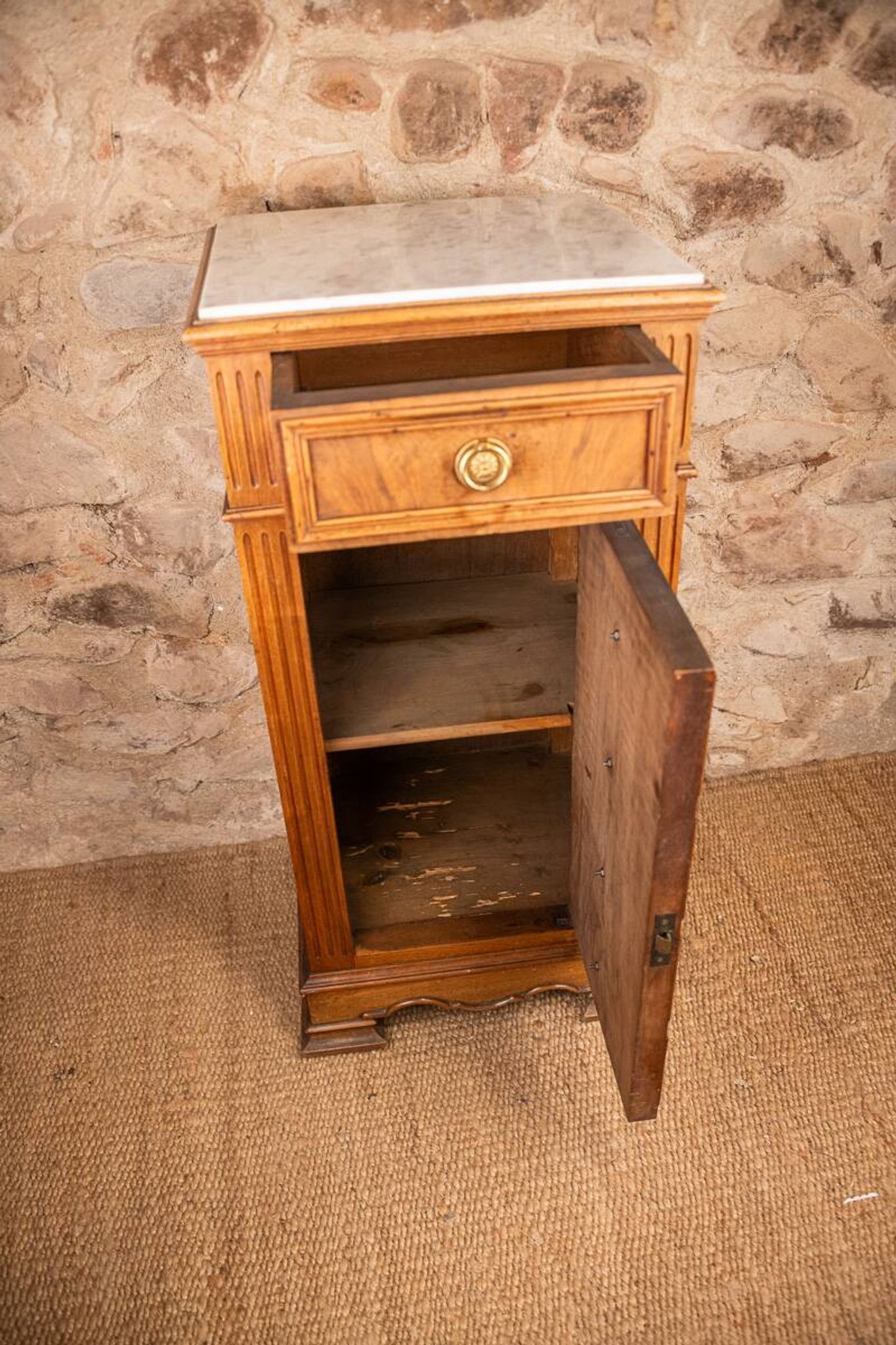 Louis XVI style bedside chest of drawers, marble top, late 19th century.