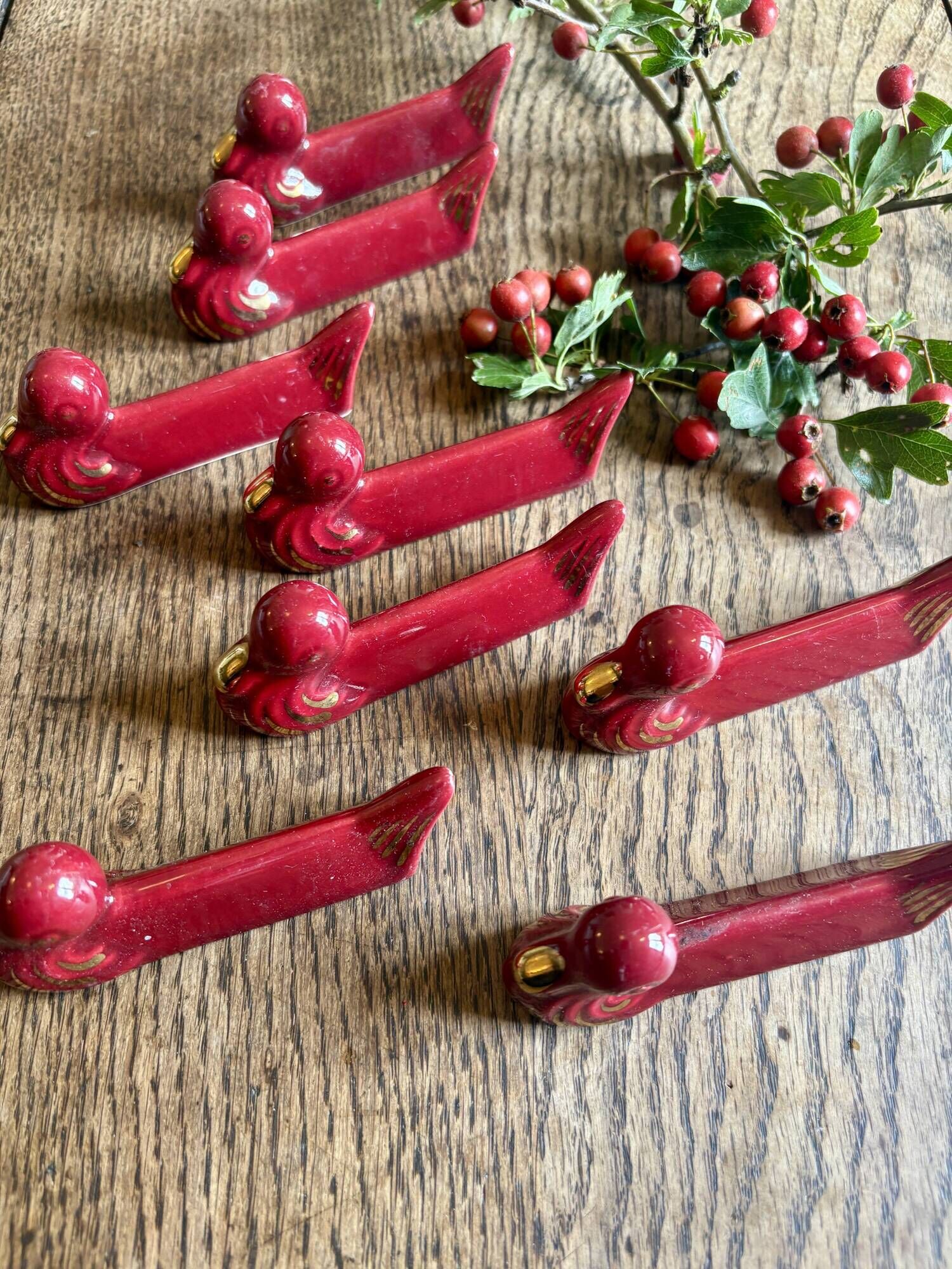 Set of 8 vintage slip knife holders in the shape of red ducks and