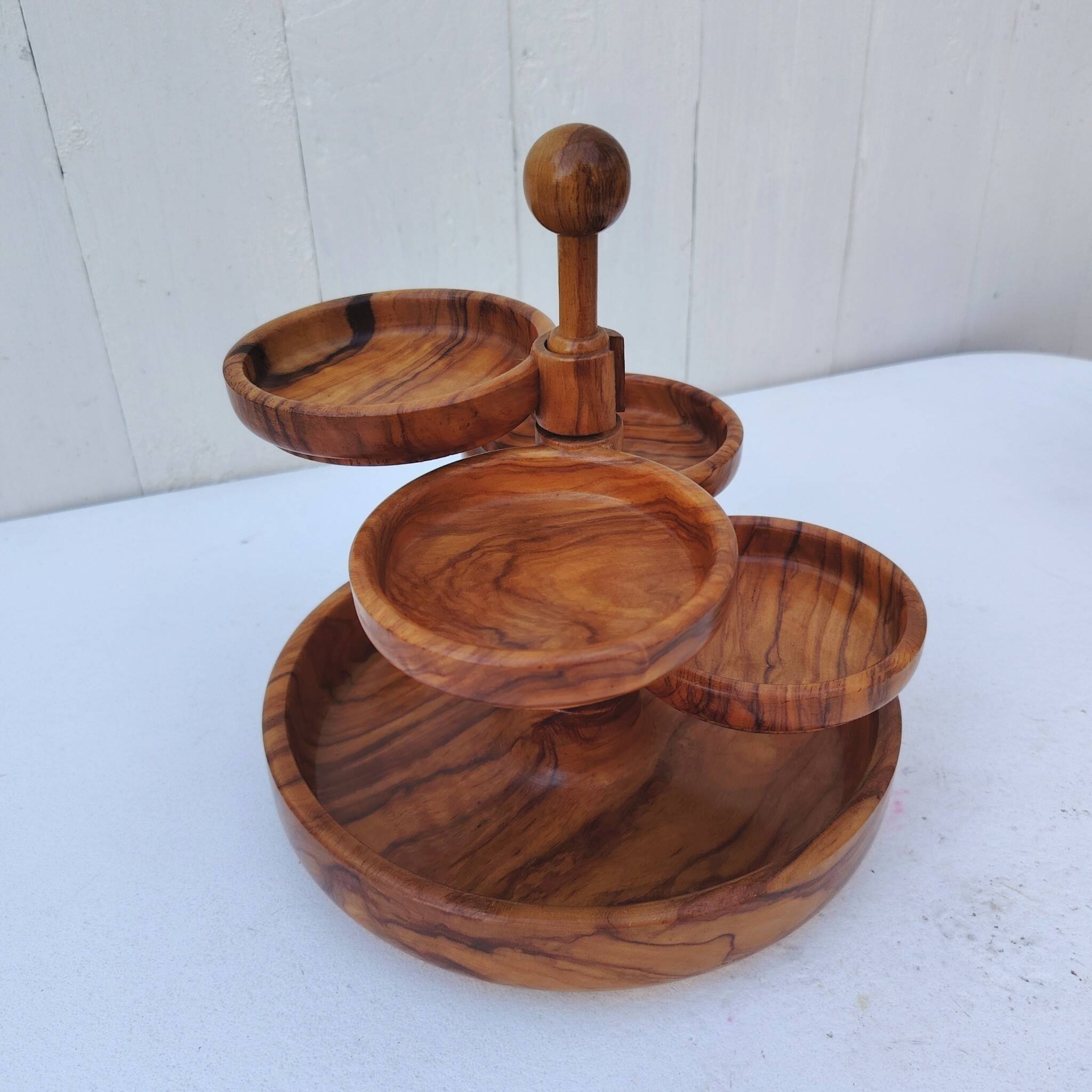 Aperitif server, olive wood, 70's design.