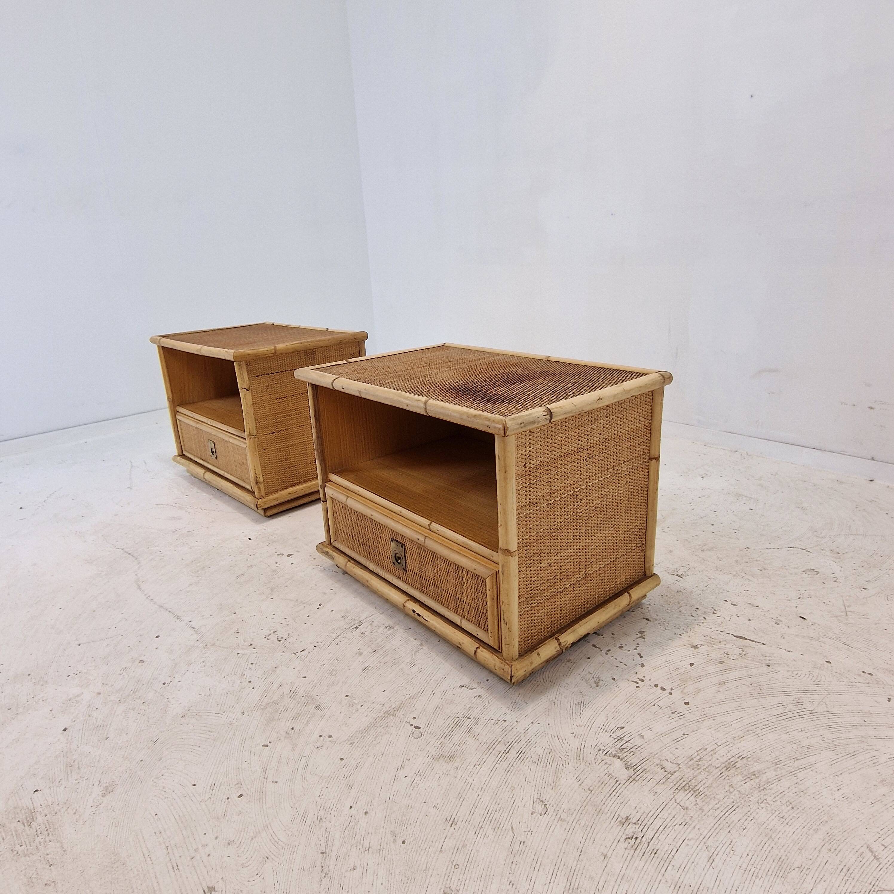 Bamboo and Rattan Pair of Bedside Tables Nightstands by Dal Vera, Italy 1970s