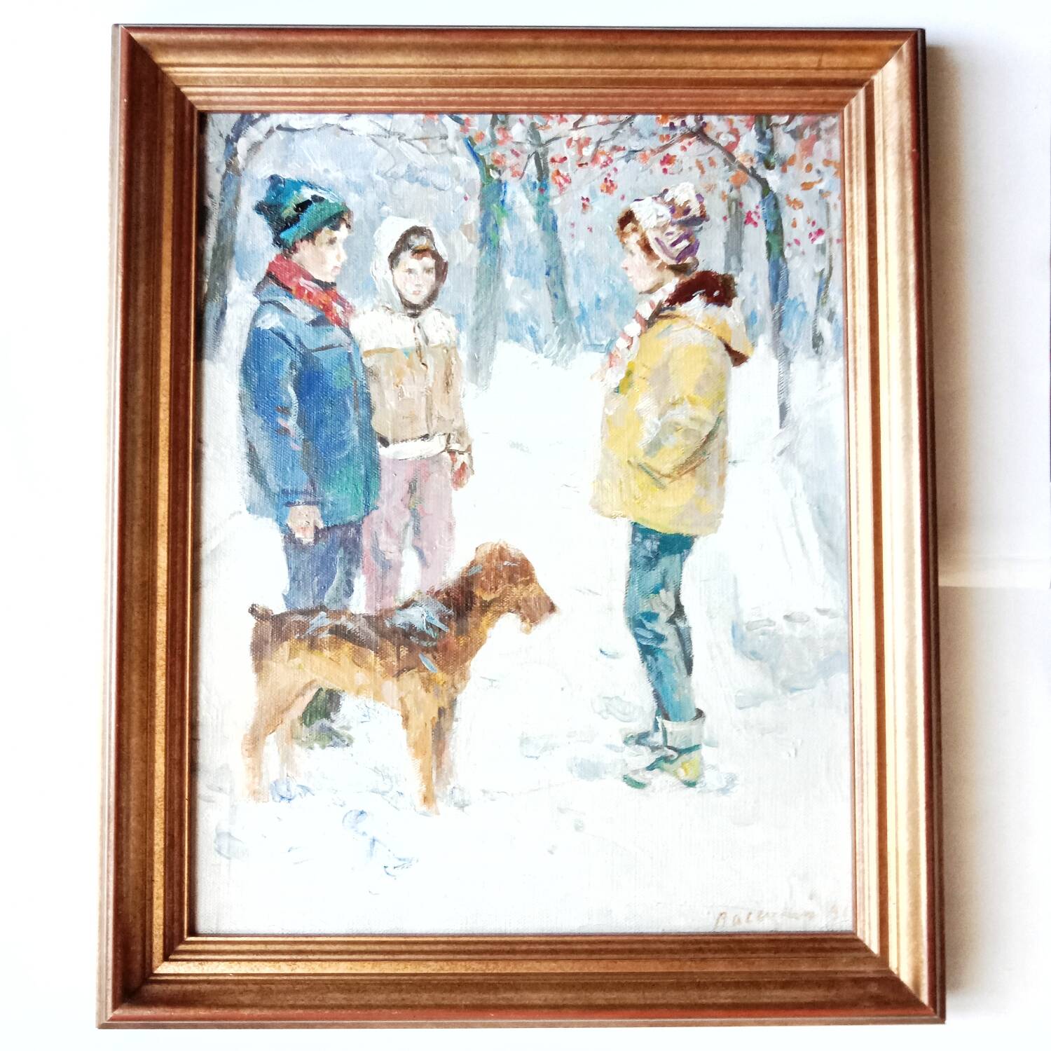 Animated Snowy Landscape Painting Children and their Dog Signed Canvas 20th Century Frame