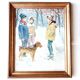 Snowy landscape tableau Children and their dog Signed canvas 20th century frame
