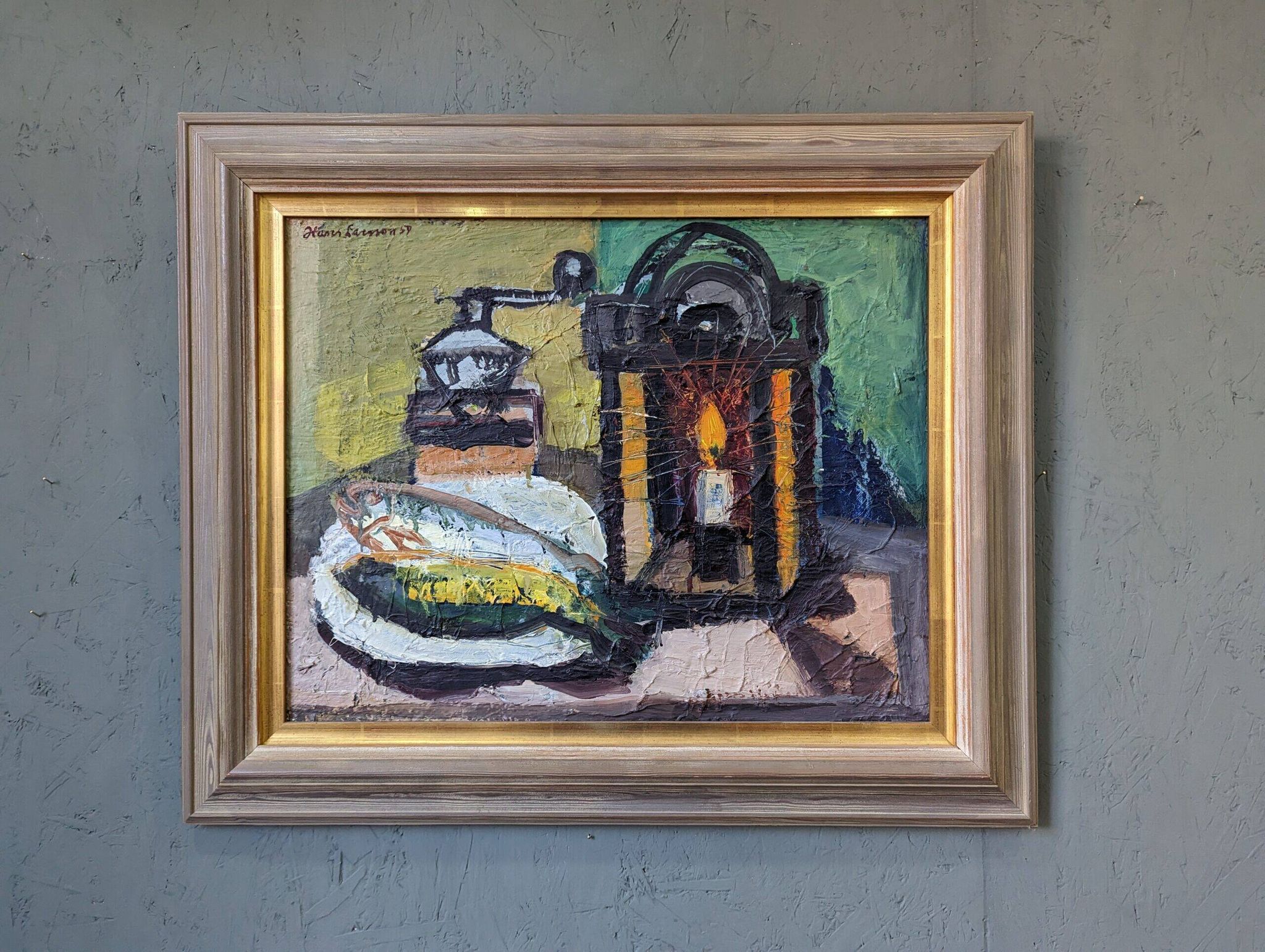 1959 Mid-Century Modern Swedish "Still Life With Lamp" Vintage Oil Painting, Framed