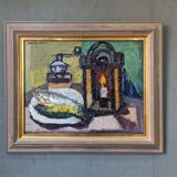 1959 Peinture à l’huile vintage suédoise moderne  « Nature morte avec lampe », encadrée