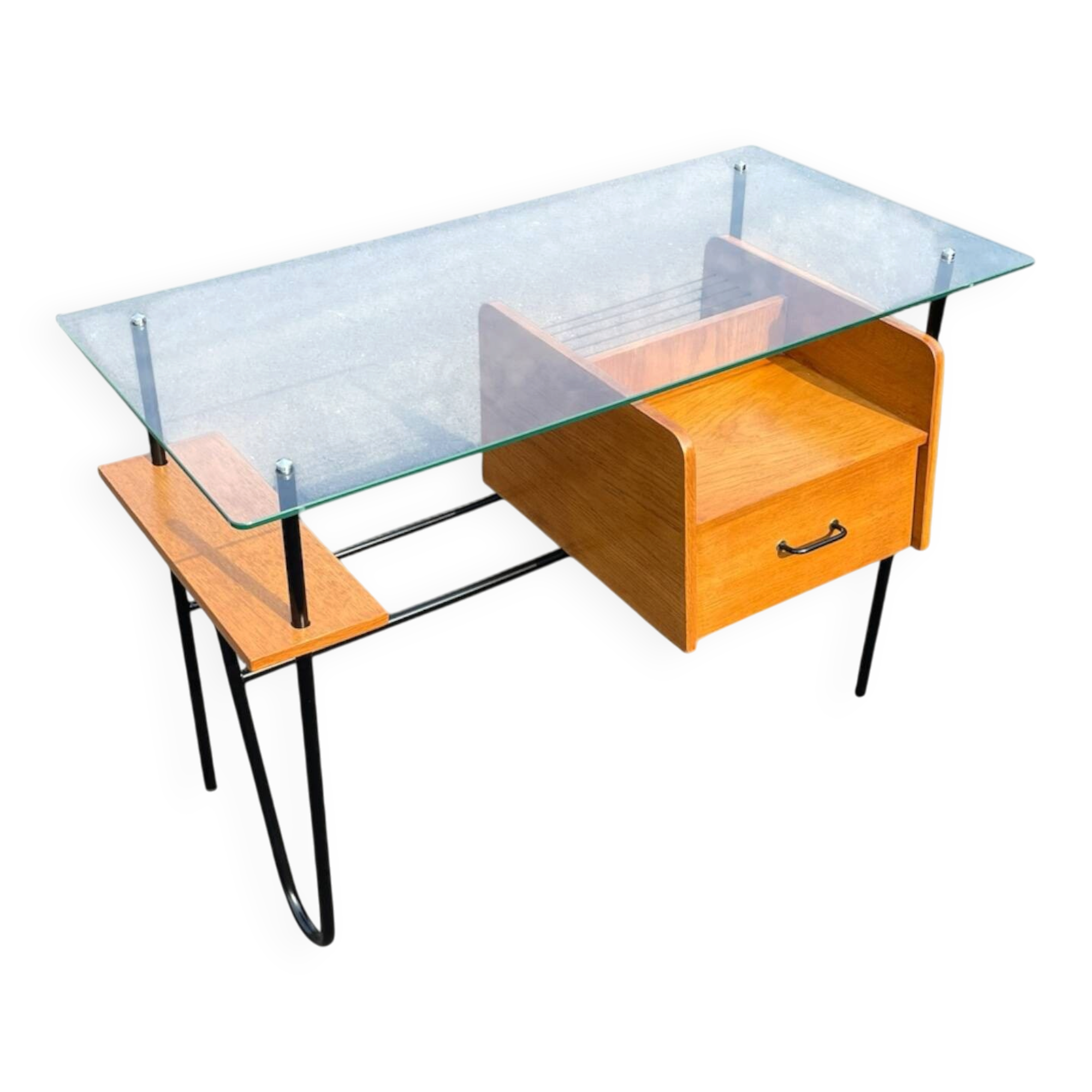 Modernist office – Azzano Frères – designed by Jacques Hitier – Oak, glass and felt