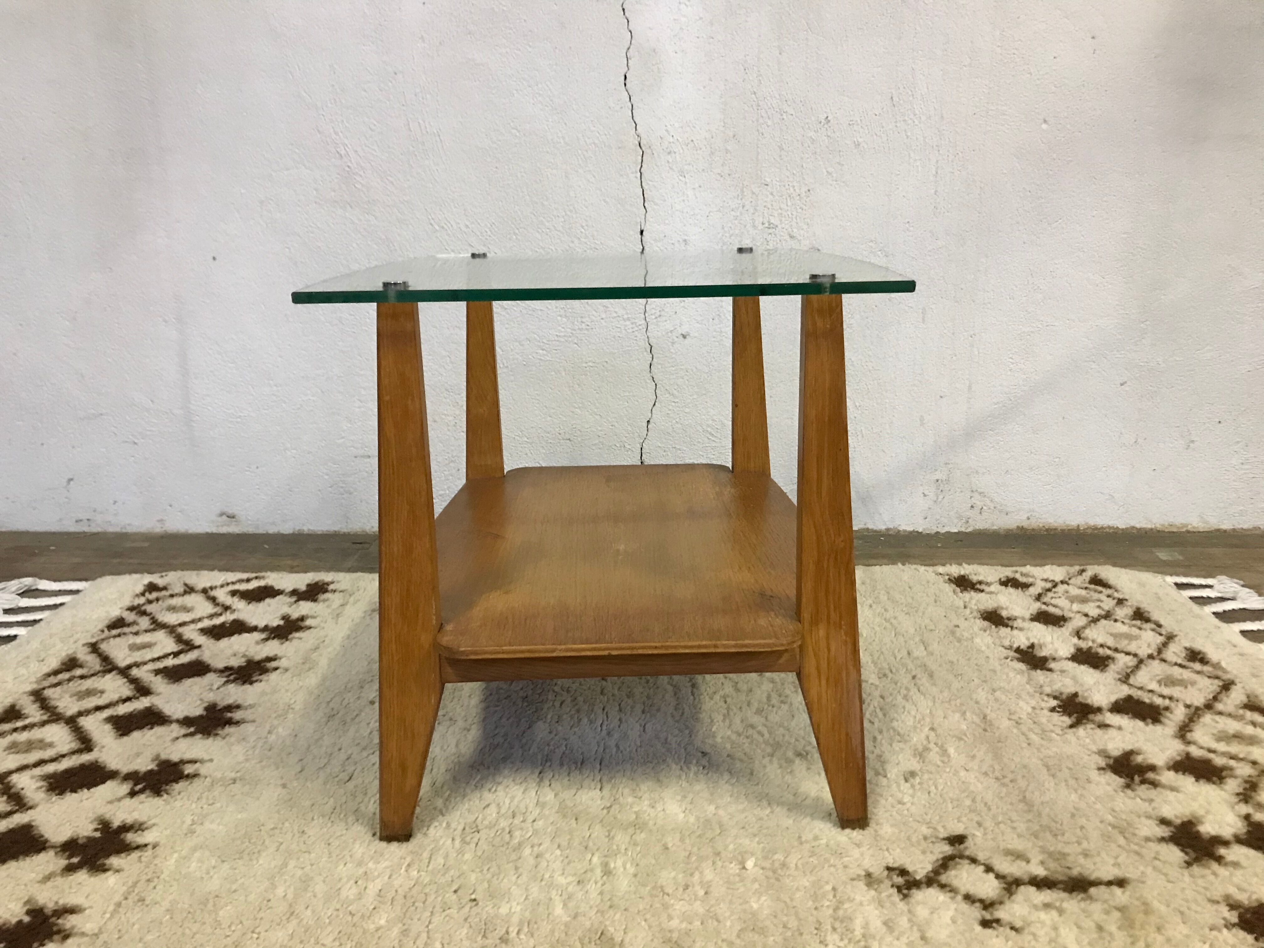 Glass coffee table with oak triangle shape 1950 1960 vintage modernist