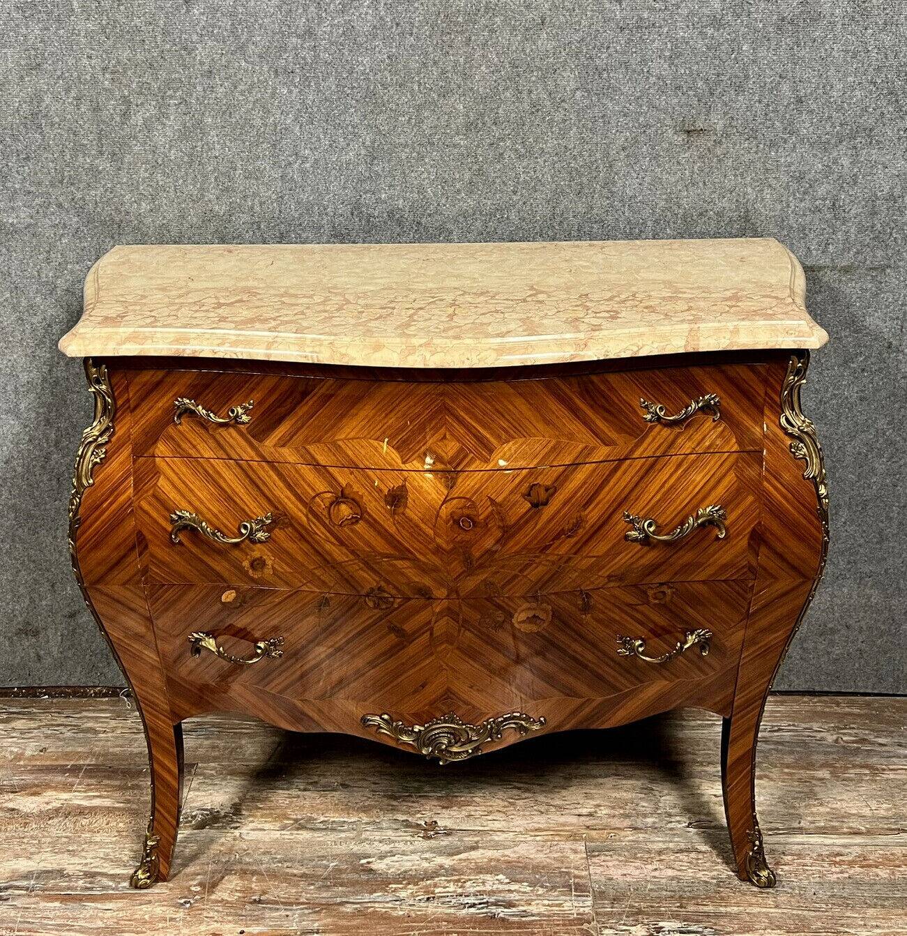 Curved Louis XV style chest of drawers in marquetry, 20th century period