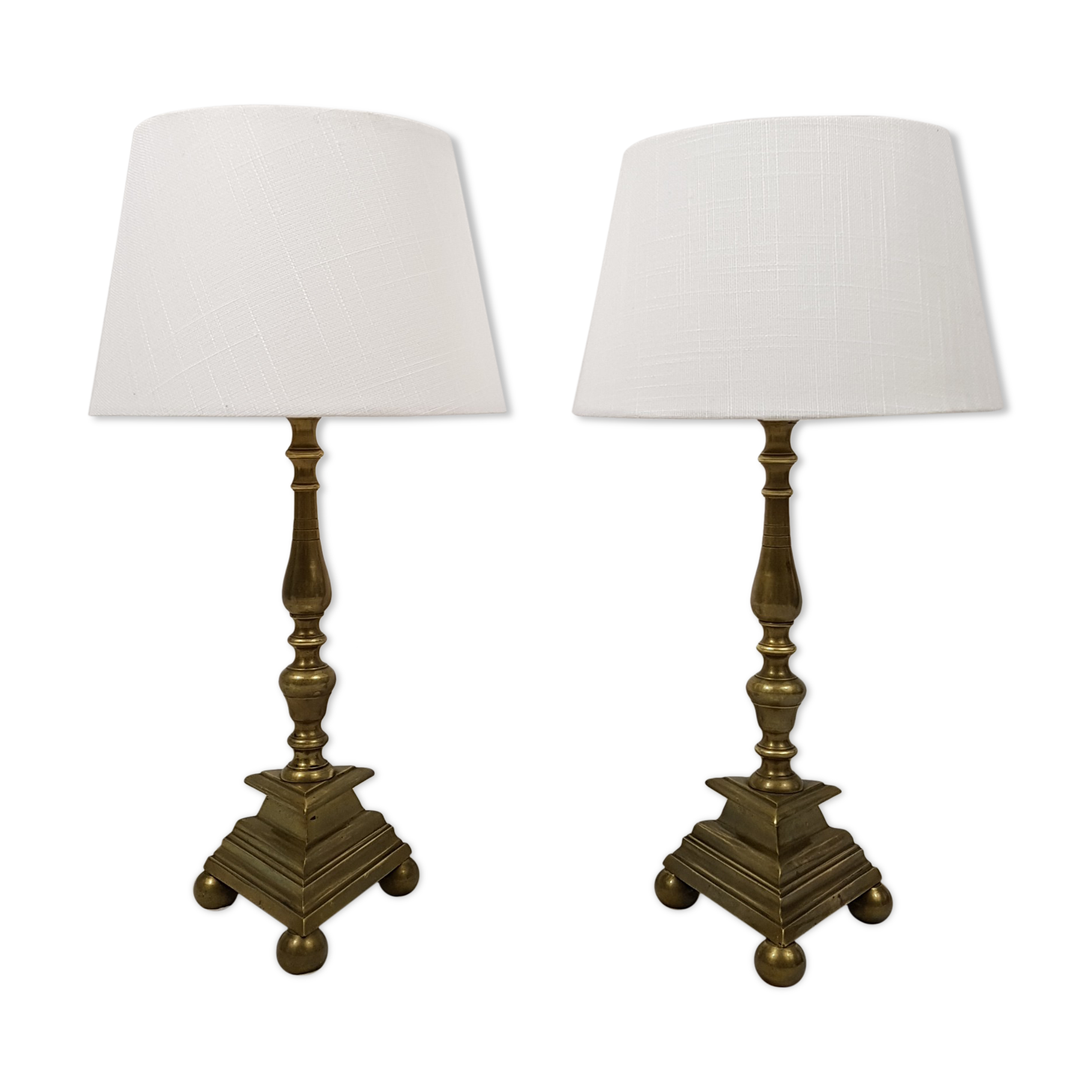 Pair of bedside brass base triangle triangular candelabra Church