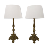 Pair of bedside brass base triangle triangular candelabra Church