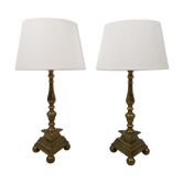 Pair of bedside brass base triangle triangular candelabra Church