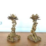 Pair candlestick palm wood and gilded metal