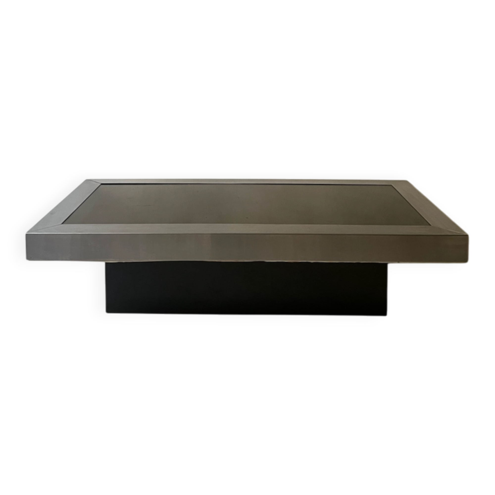 Rectangular black metal & smoked glass coffee table by Willy Rizzo, 1970.
