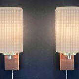 Pair of Scandinavian Wall Lights - Opaline Brass Wood - 50's 60's