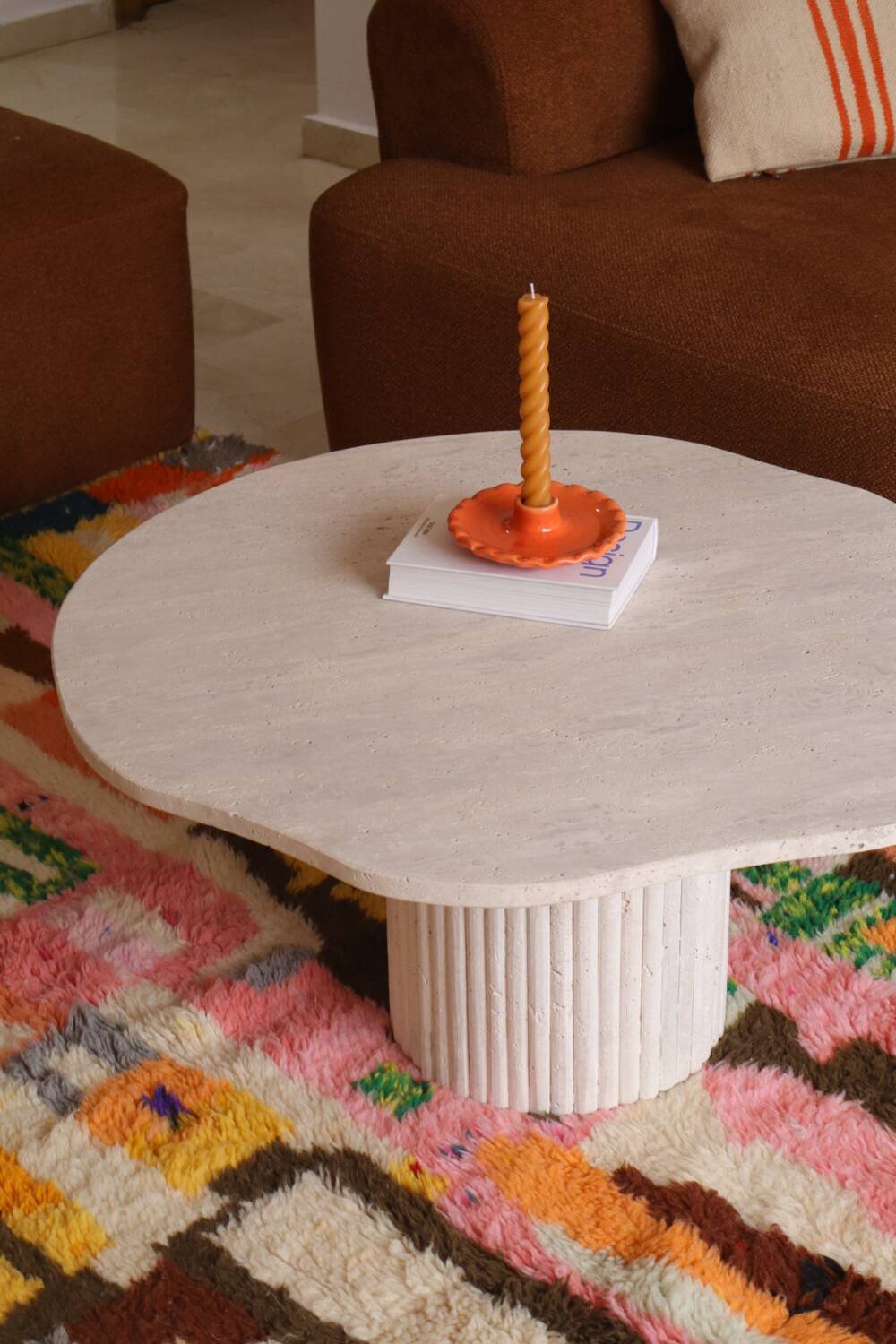 Organic shape travertine coffee table