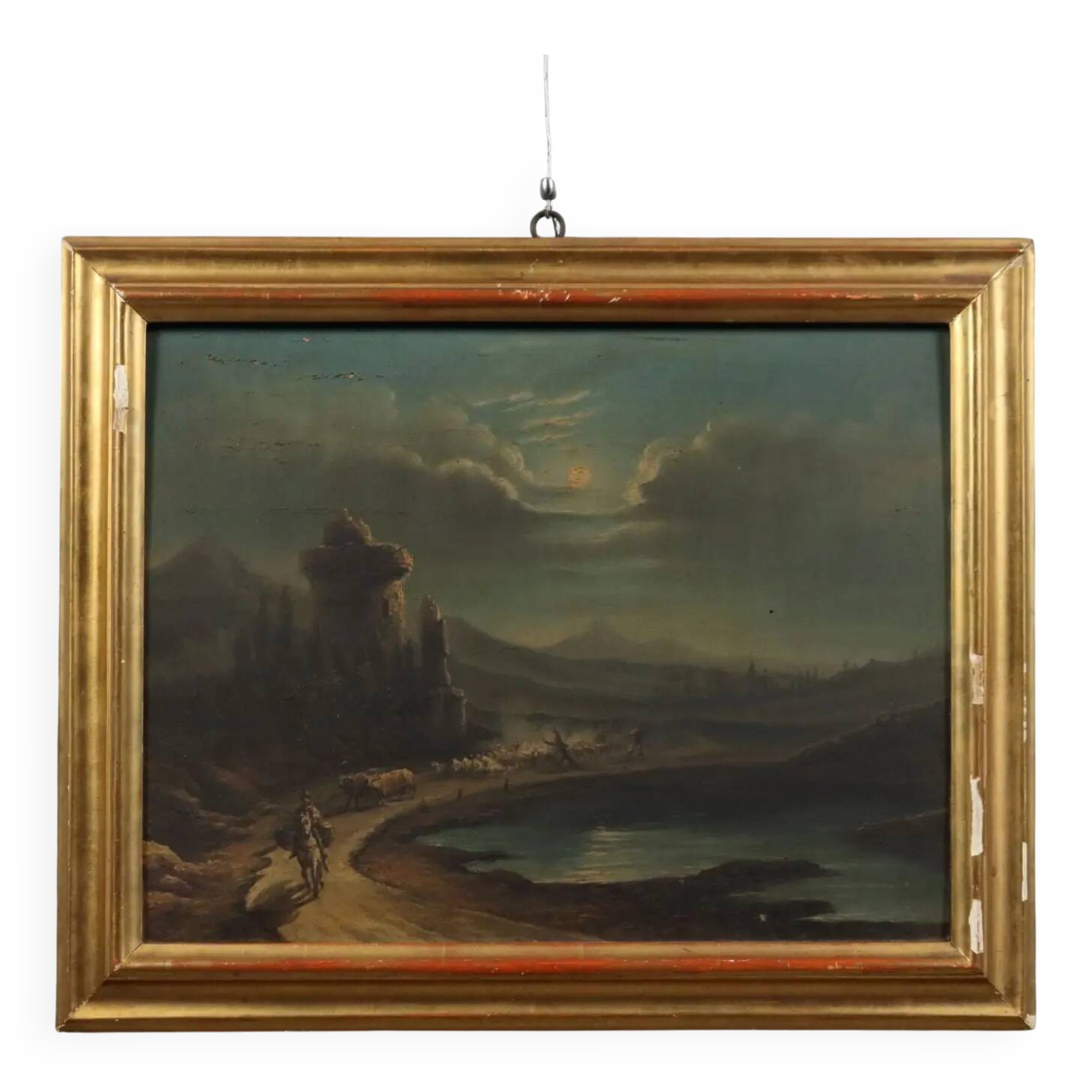 Old painting of a nocturnal landscape in oil on panel from the 19th century.