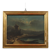 Peinture ancienne paysage nocturne à l’huile sur panneau XIXe siècle
