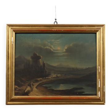 Old painting of a nocturnal landscape in oil on panel from the 19th century.