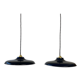 Pair of old midnight blue industrial enamelled suspensions