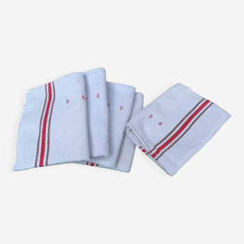 Set of 5 damask and striped linen tea towels with "diamond" patterns with red monogram