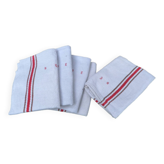 Set of 5 damask and striped linen tea towels with "diamond" patterns with red monogram