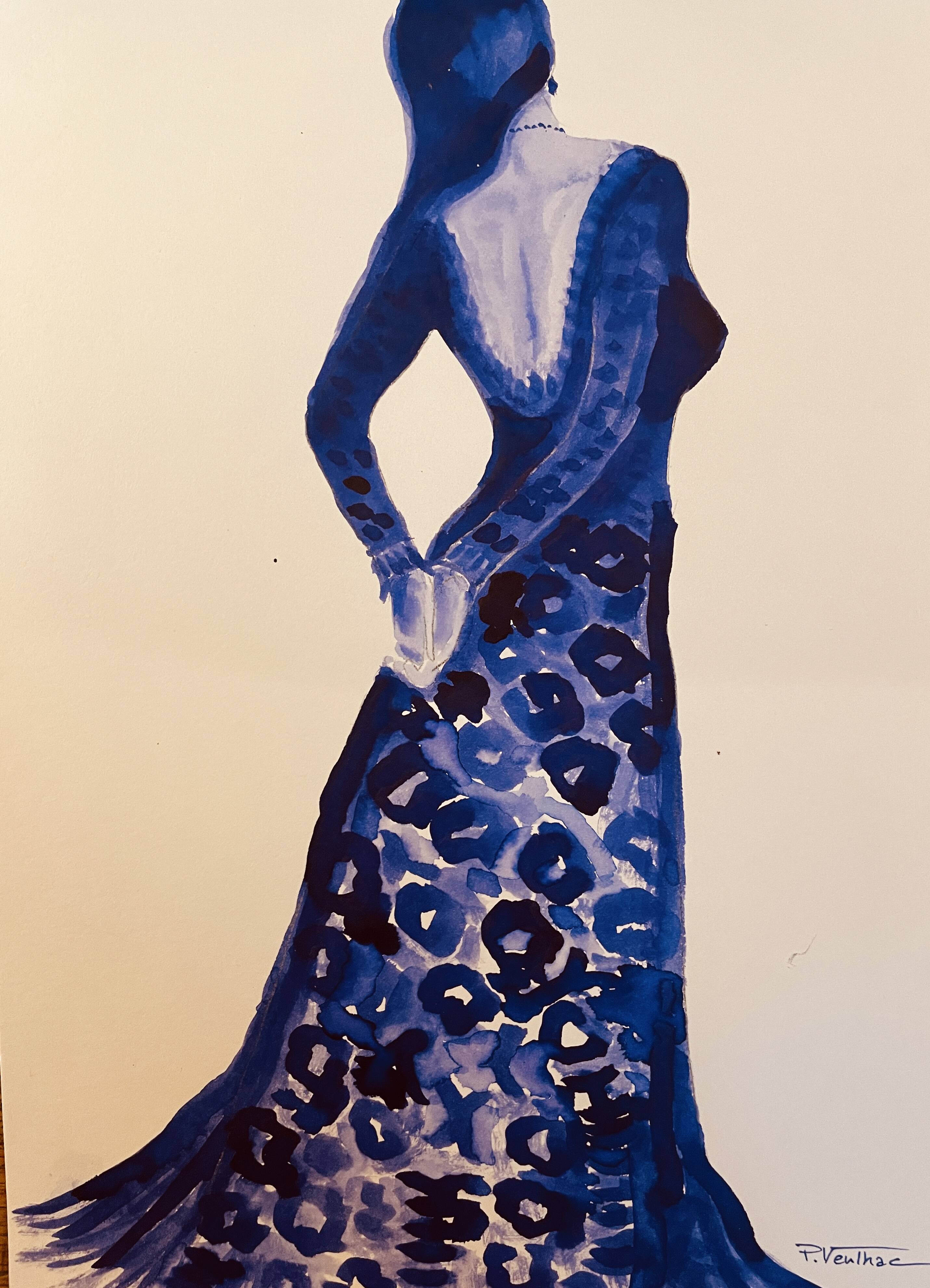 Monochrome indigo watercolour portrait of a woman "the indigo dress"