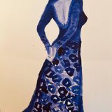 Monochrome indigo watercolour portrait of a woman "the indigo dress"