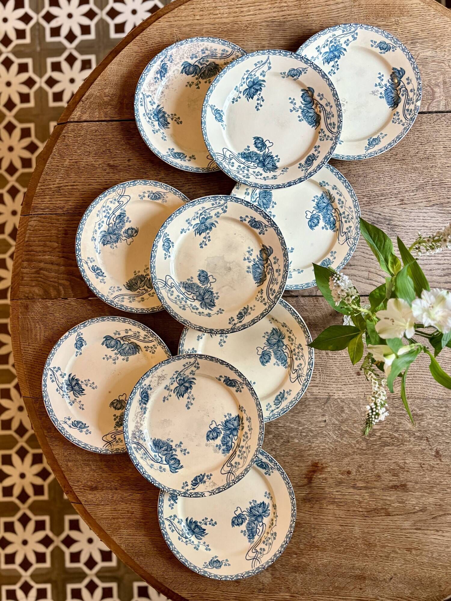 Set of 10 antique flat plates in ironstone, Royat from Sarreguemines.