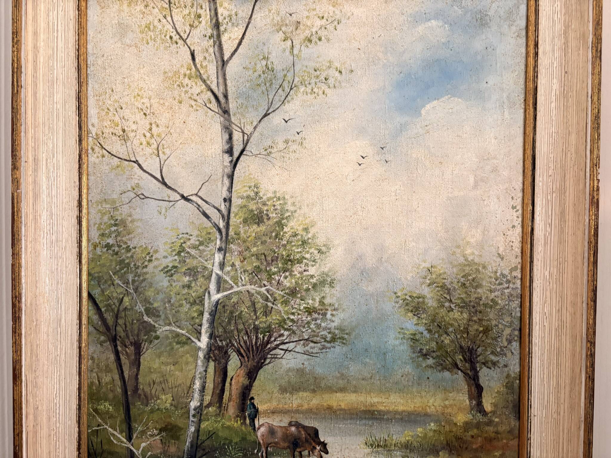 Oil Painting Canvas Shepherd Lake Cow River Fishing Landscape PATRY