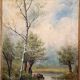 Tableau Peinture Huile Toile Berger Lac Vache Rivière Pêche Paysage PATRY