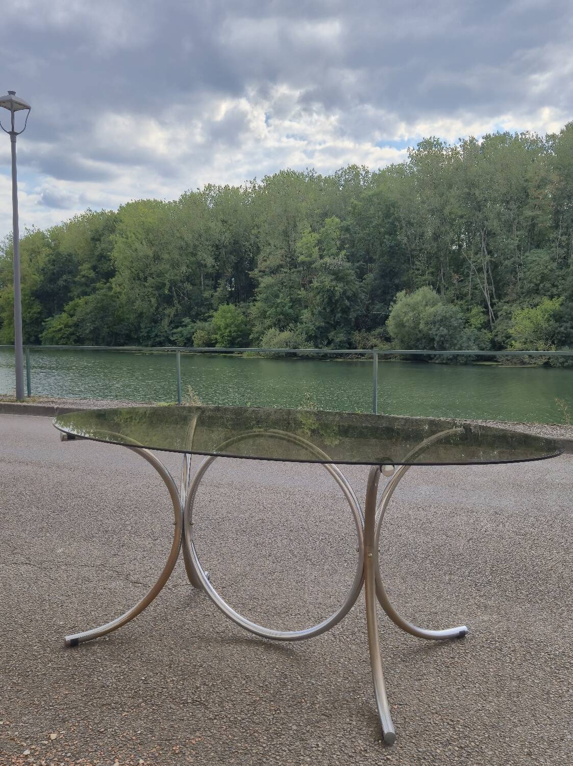Vintage oval design table in smoked glass and chrome legs