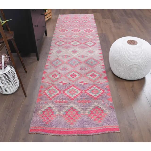Vintage Turkish Hand-Knotted Wool Cotton Pink Runner 83x324