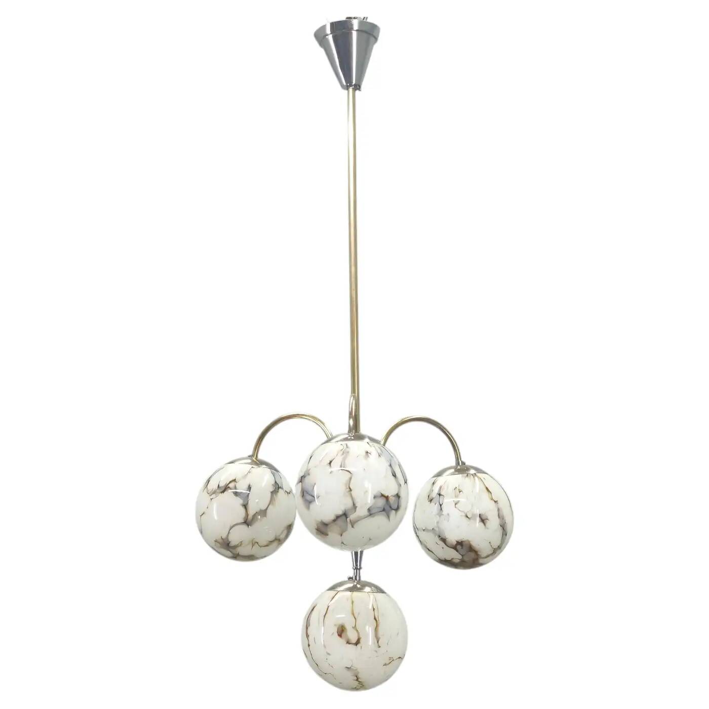 Art Deco Chandelier, Marble Glass, Brass & Chrome, 1930s