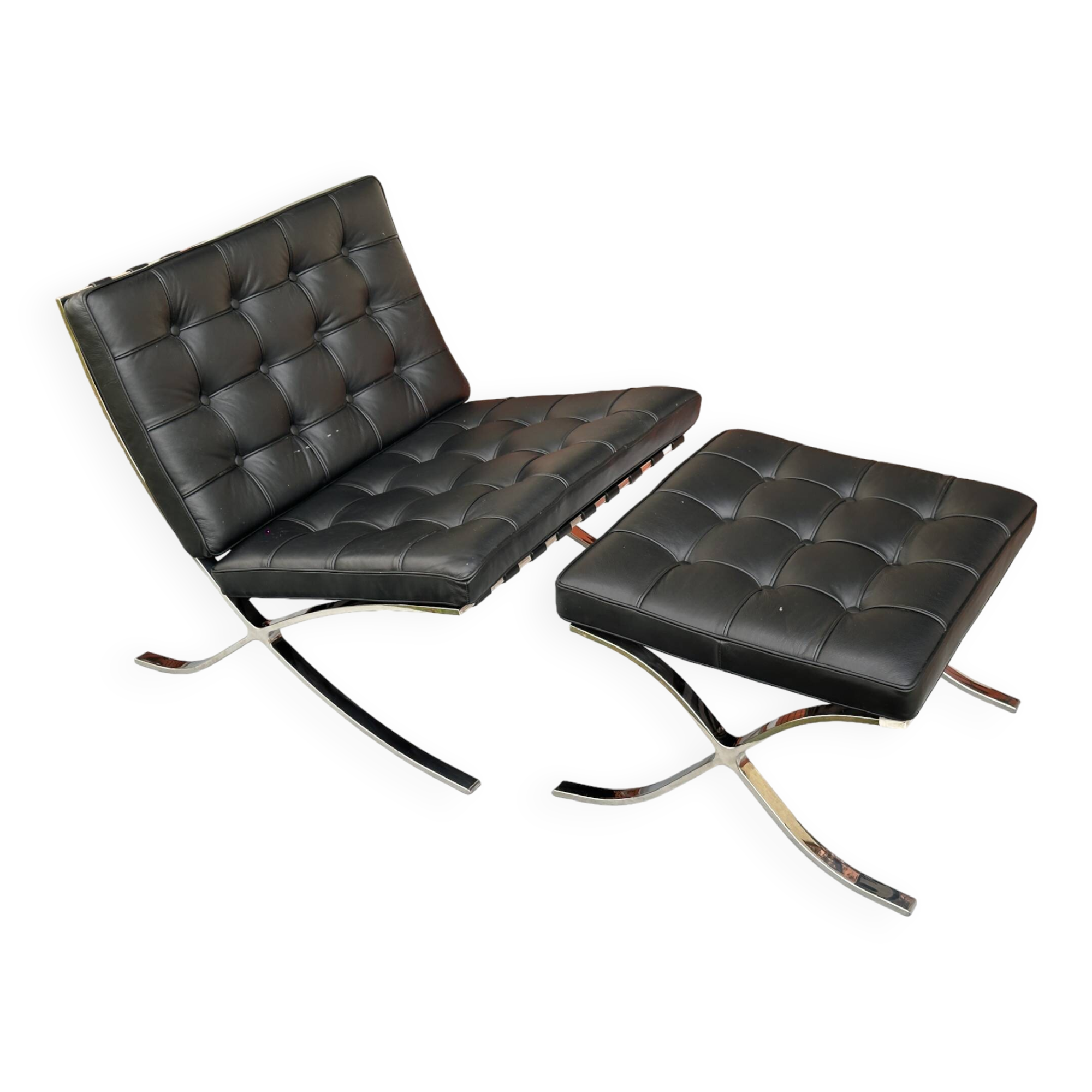 Barcelona armchair with ottoman design Mies Van der Rohe edition Walter Knoll 1980s, Set of 2