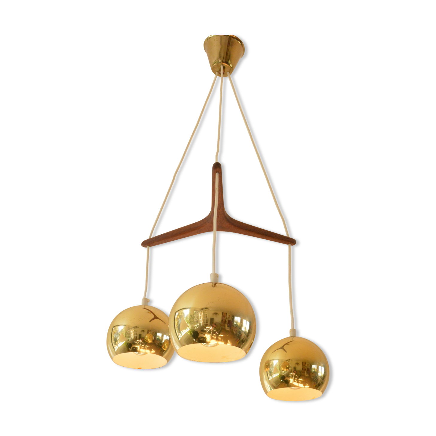 Scandinavian pendant lamp, brass and teak, 60s