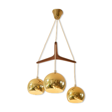Scandinavian pendant lamp, brass and teak, 60s