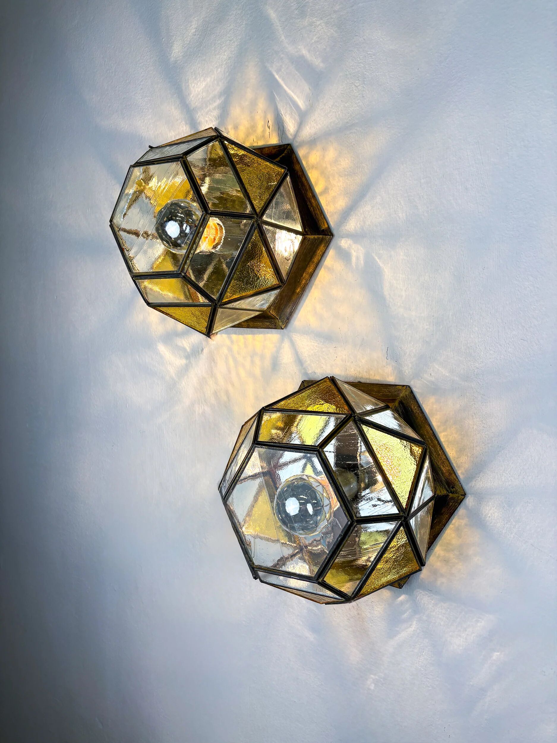 Pair of mid-century cubist blown glass ceiling lights, Germany, 1960s