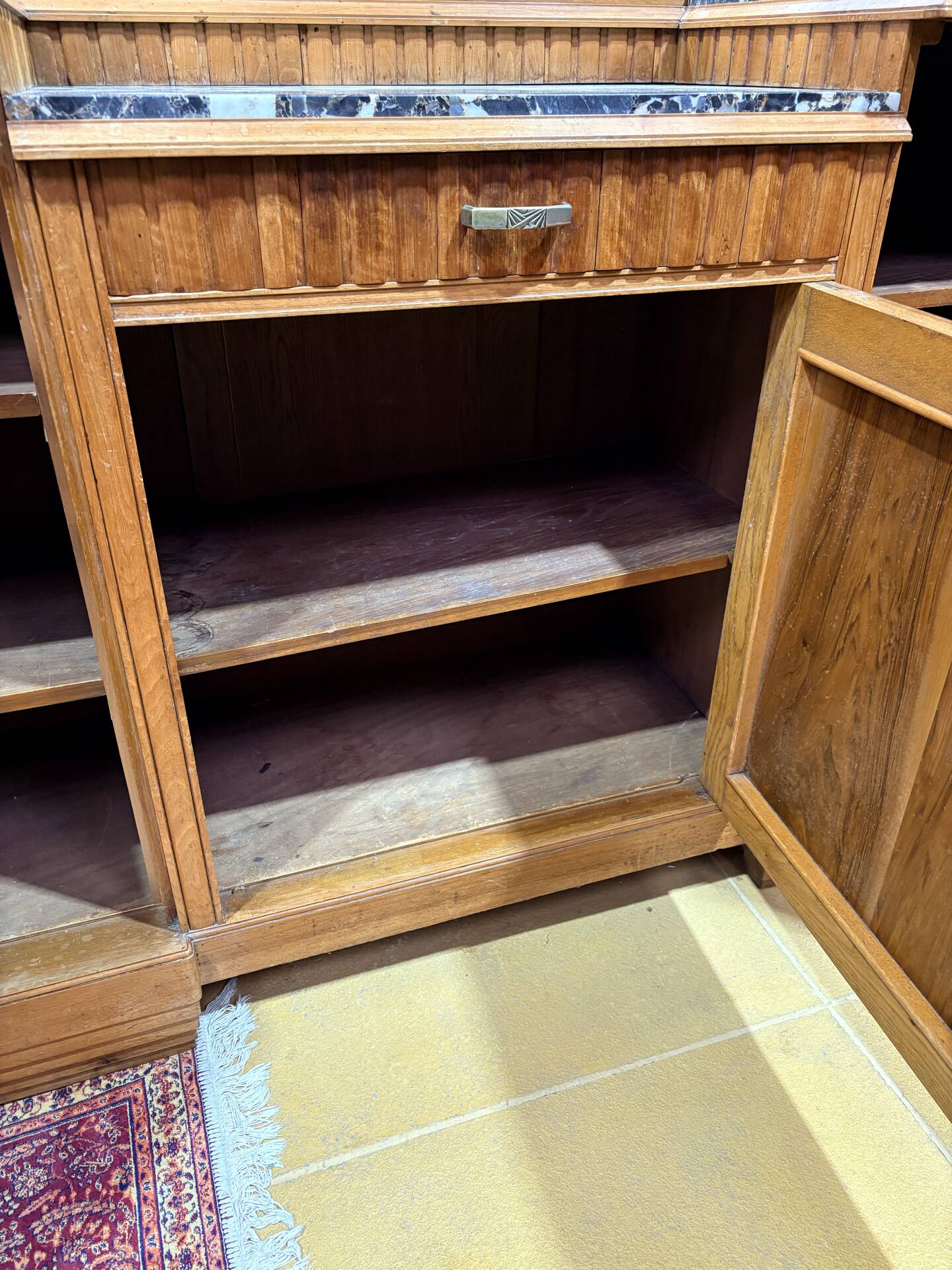 Art Deco buffet in carved walnut, marble and large mirror – 1930s