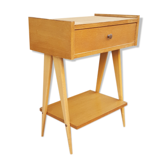 Table de chevet, bois blond, années 50, pieds compas