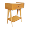 Table de chevet, bois blond, années 50, pieds compas