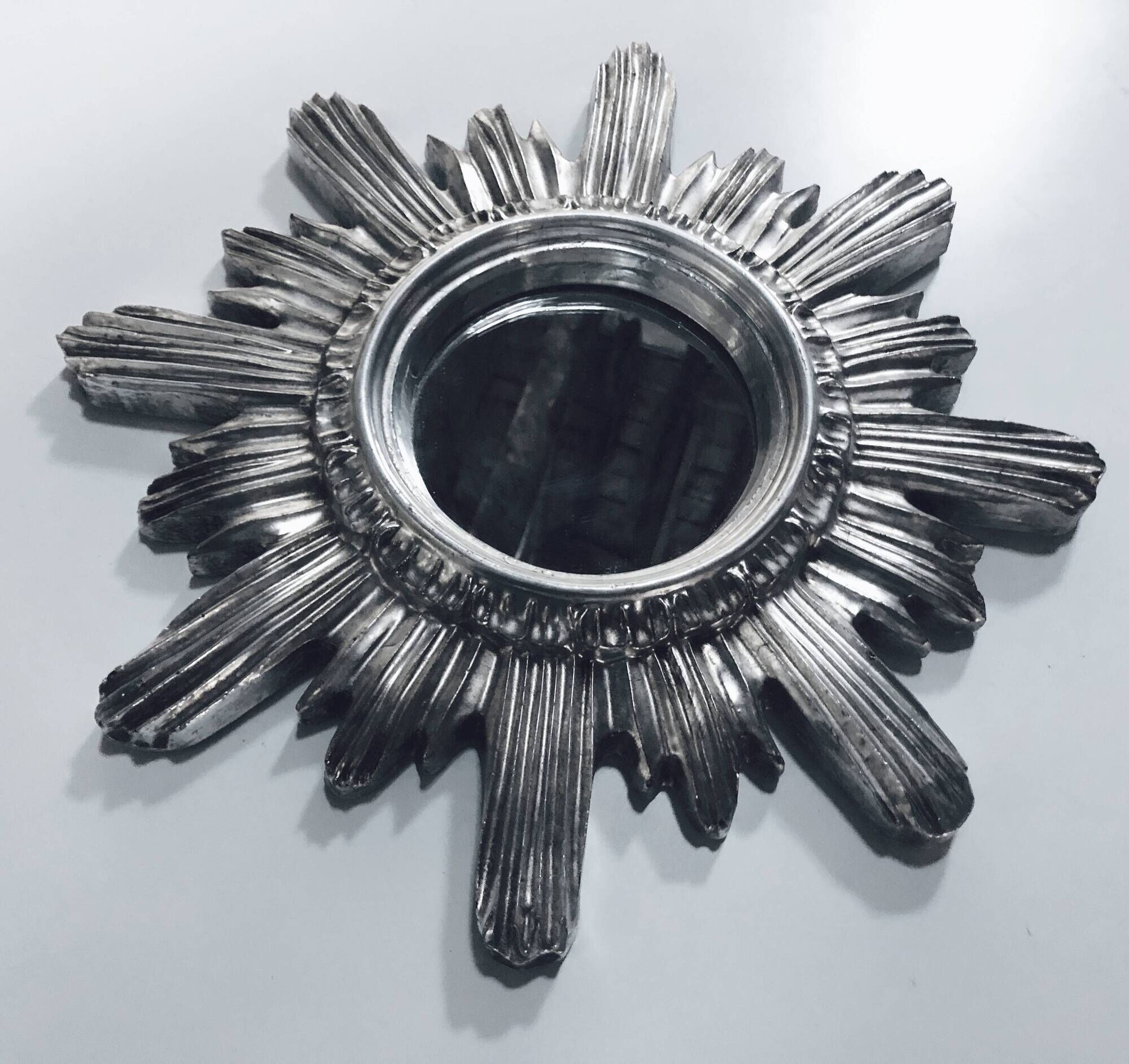 Wall Sun Mirror • Large Model • Carved Wood • Silver • 1960-70