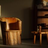 Sculptural stump chair, Brutalism, Wabi Sabi in solid pine, Swedish, 1968.